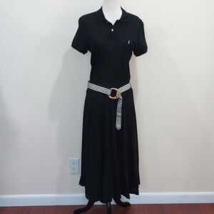Ralph Lauren Black Cotton Pique Polo Belted Midi Dress, Size L - Vintage!